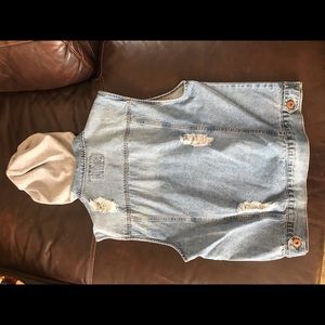 Denim Vest Jacket with Detachable Grey Hood